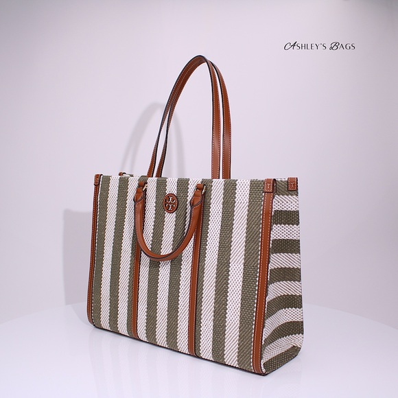 Tory Burch Blake Jumbo Striped Tote In Grove Green - Picture 3 of 8